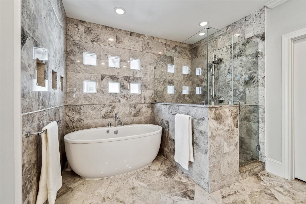 Bathroom, Free Standing Baths, Glass Shower, Interior, Recessed Lighting