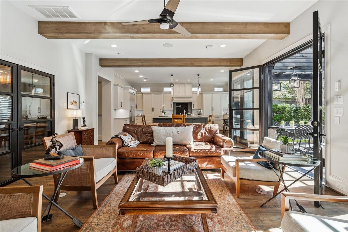 Interior, Kitchen, Living room, Pendant Lights, Recessed Lighting, Stainless Steel Appliances, Wooden Beams, Wood Texture Flooring