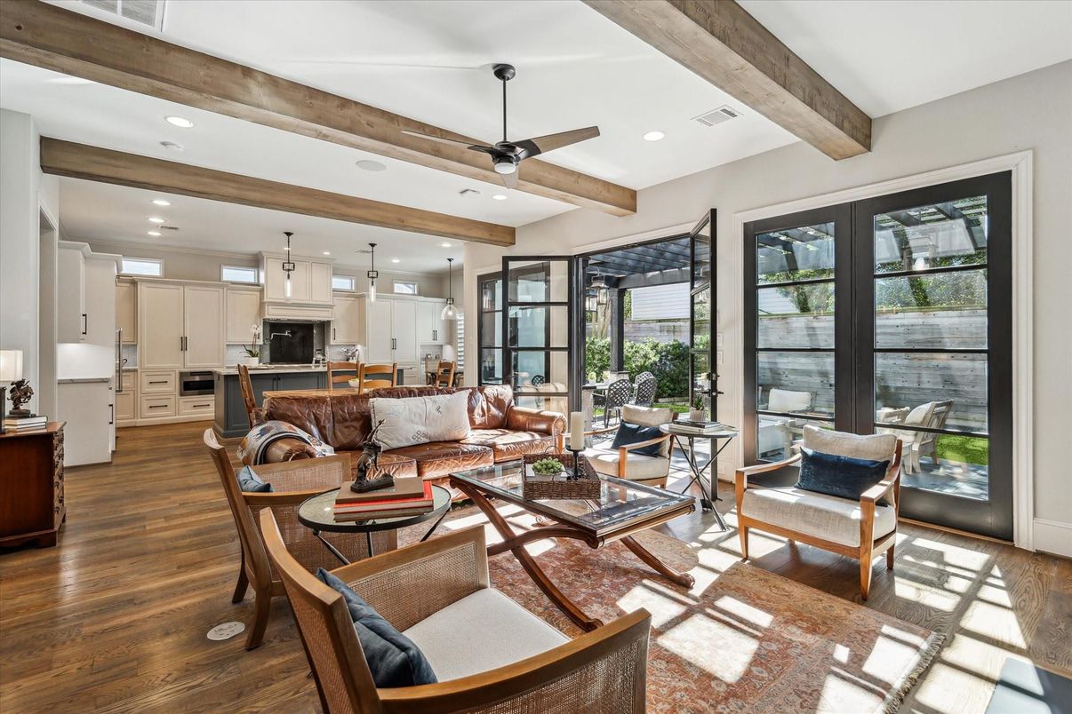 Interior, Kitchen, Living room, Pendant Lights, Recessed Lighting, Stainless Steel Appliances, Wooden Beams, Wood Texture Flooring