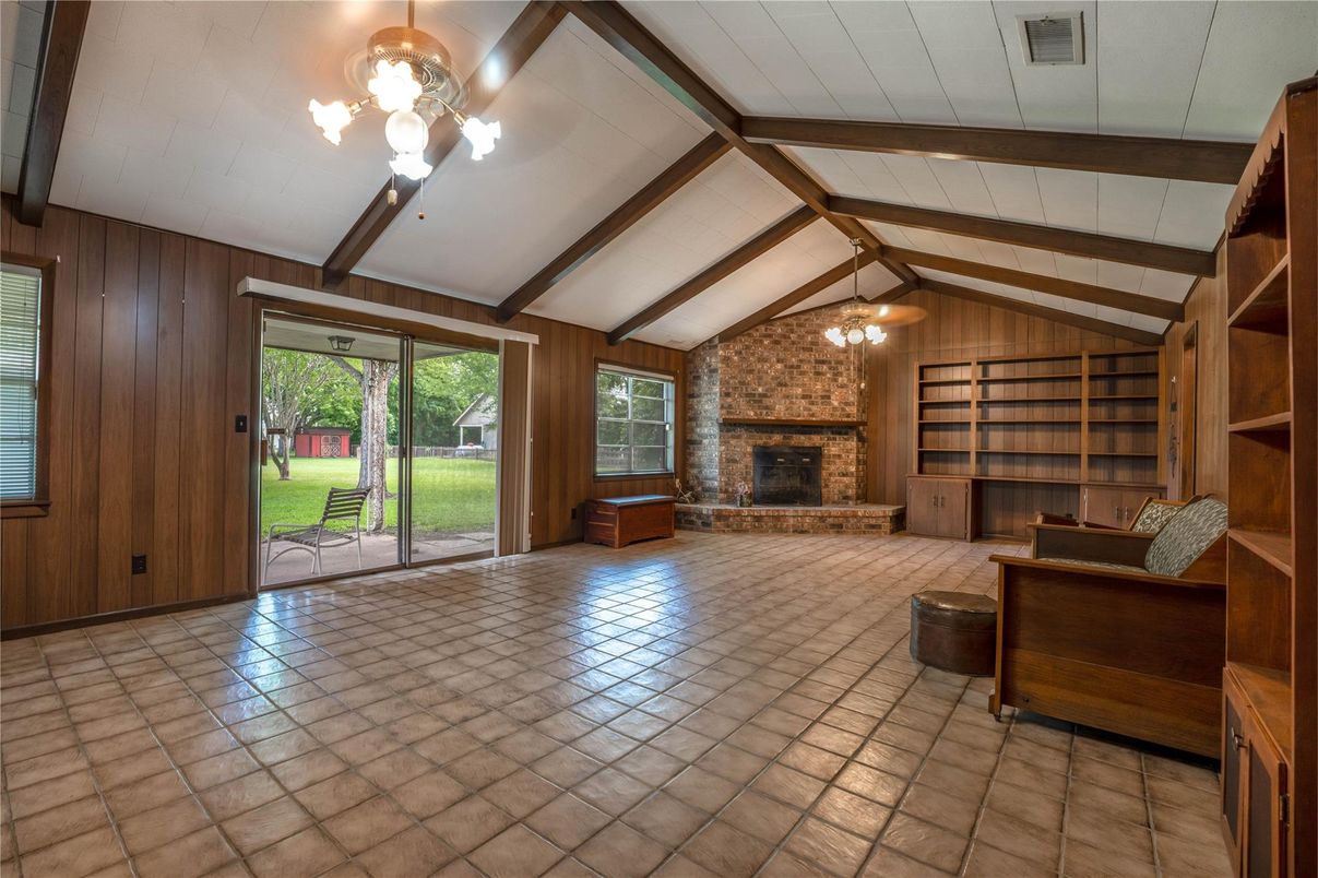 Empty room, Fireplace, Interior, Stone Walls, Wooden Beams, Wooden Walls