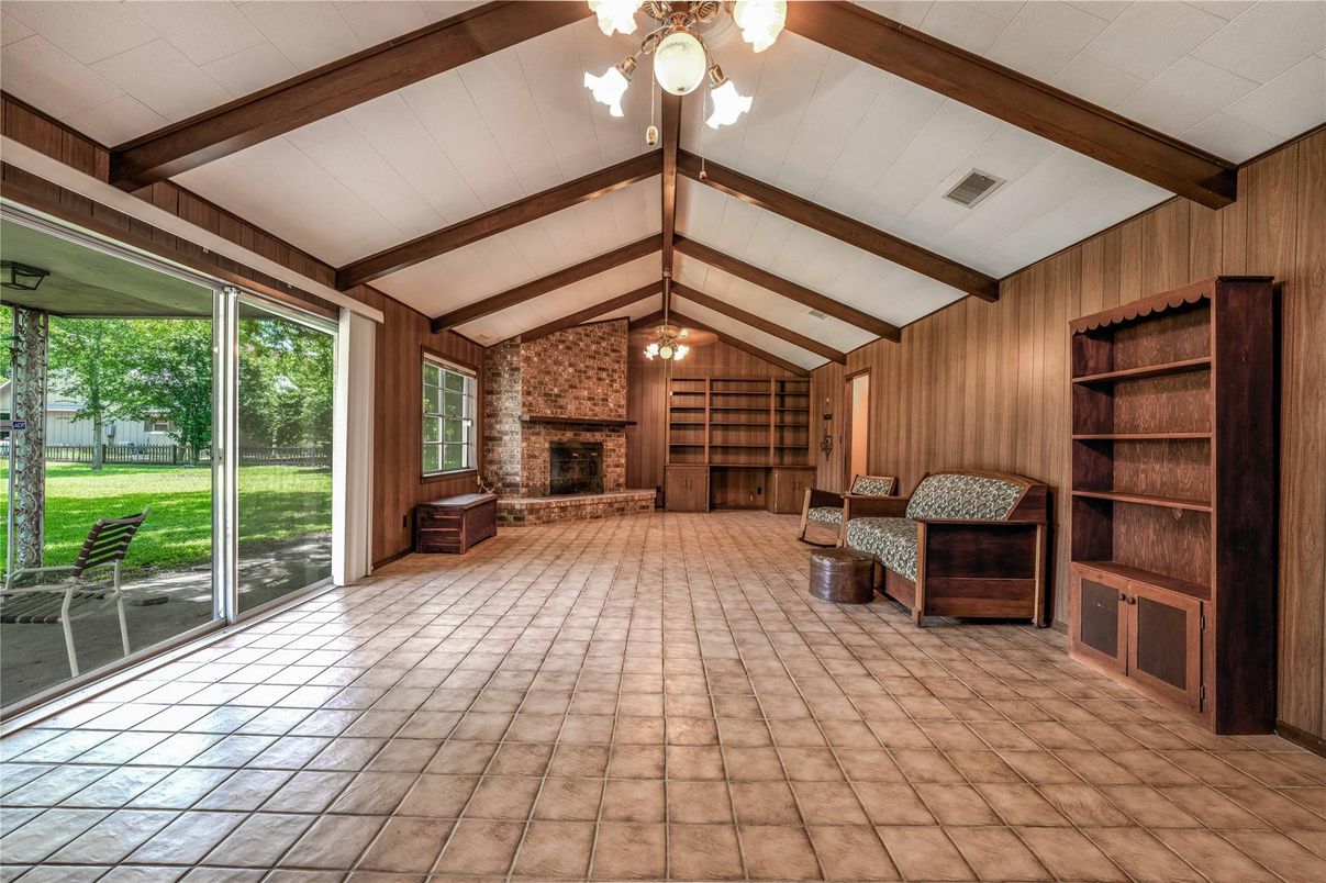 Empty room, Fireplace, Interior, Stone Walls, Wooden Beams, Wooden Walls