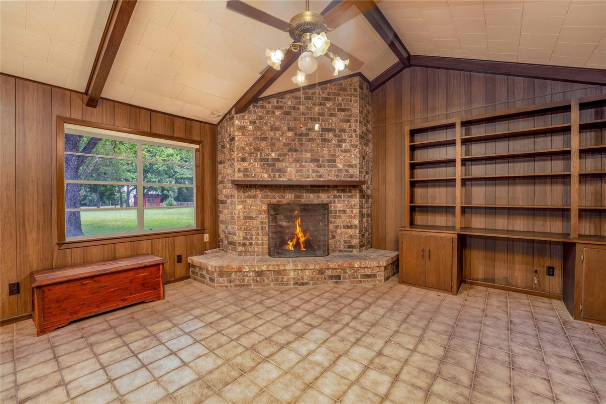 Empty room, Fireplace, Interior, Stone Walls, Wooden Walls