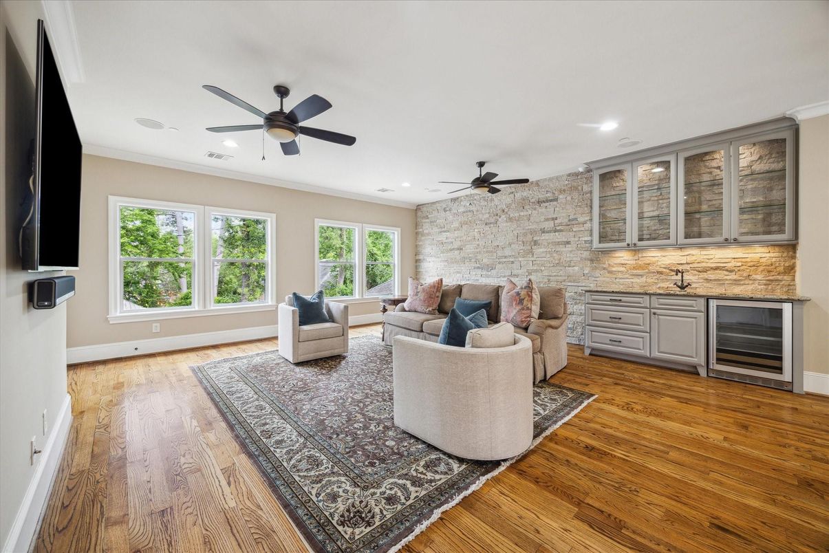 Interior, Living room, Recessed Lighting, Stone Walls, Wood Texture Flooring