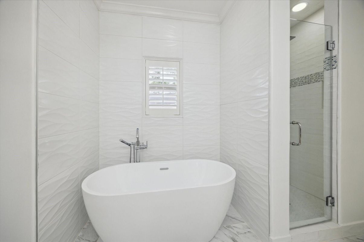 Bathroom, Free Standing Baths, Glass Shower, Interior, Marble, Marble Walls