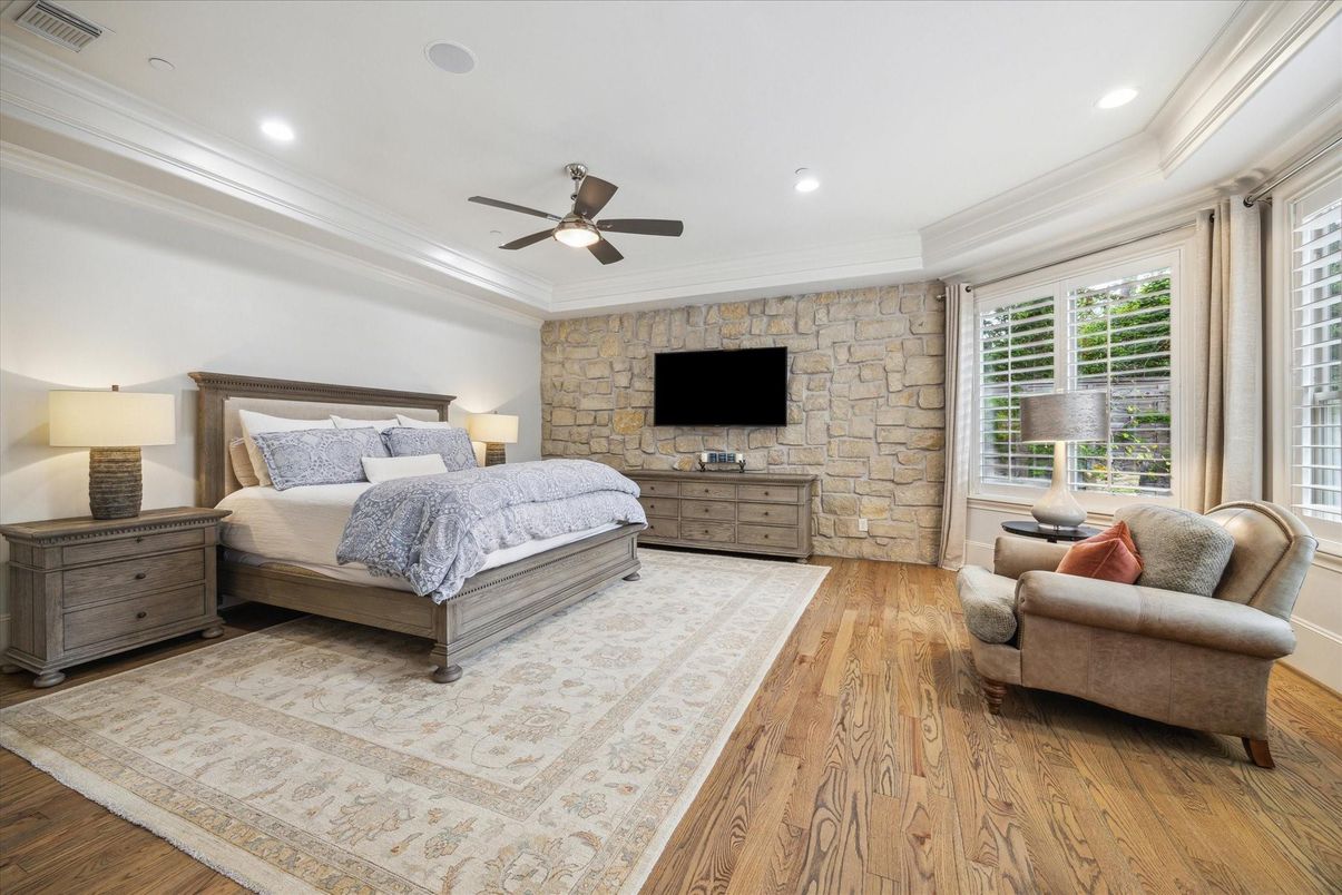 Bedroom, Interior, Recessed Lighting, Stone Walls, Wood Texture Flooring