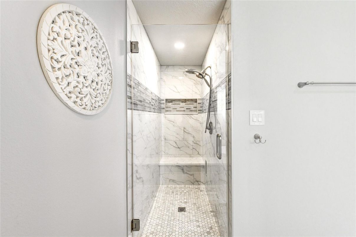 Bathroom, Glass Shower, Interior, Marble Walls, Recessed Lighting