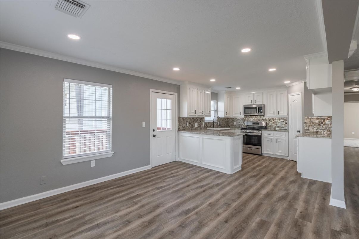 Interior, Kitchen, Recessed Lighting, Stainless Steel Appliances, Wood Texture Flooring