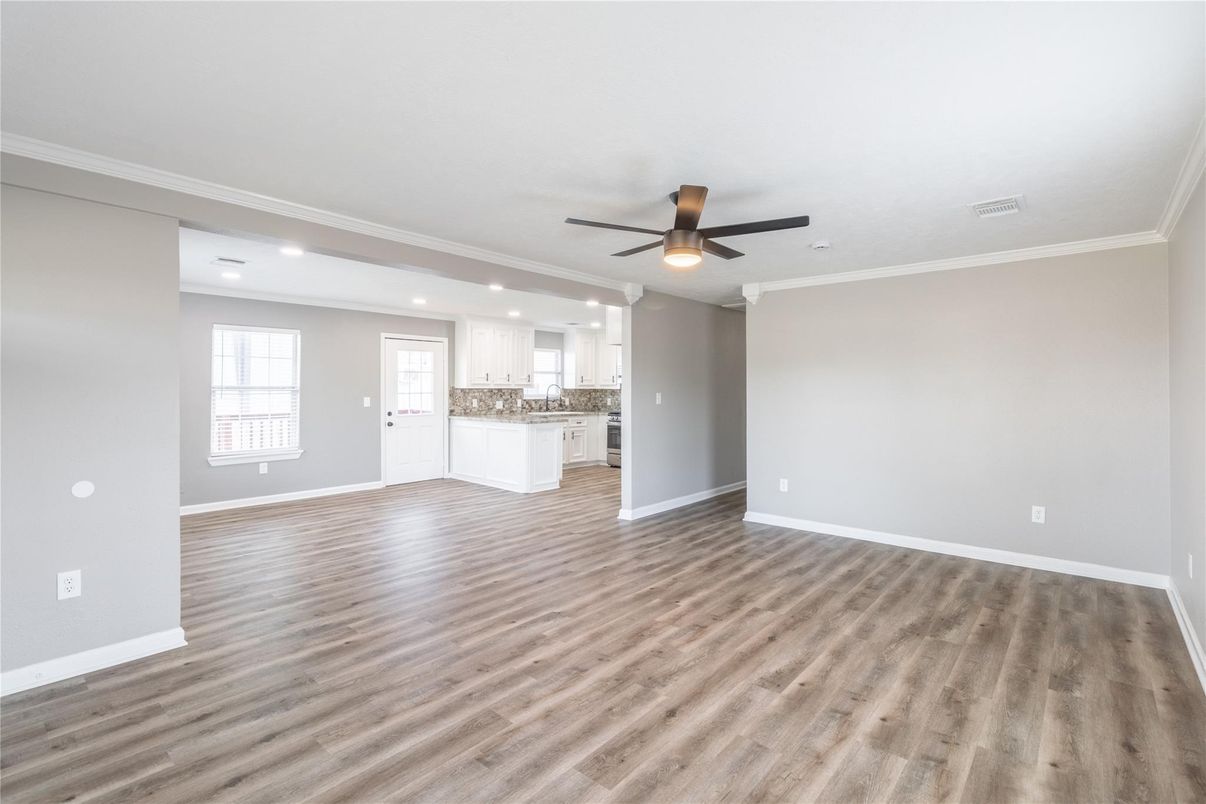 Empty room, Interior, Kitchen, Recessed Lighting, Wood Texture Flooring