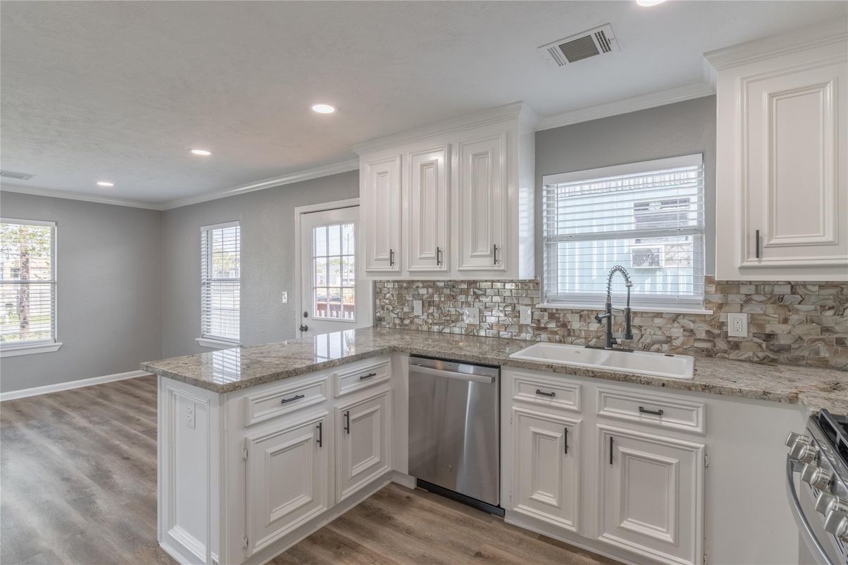 Interior, Kitchen, Recessed Lighting, Stainless Steel Appliances, Wood Texture Flooring