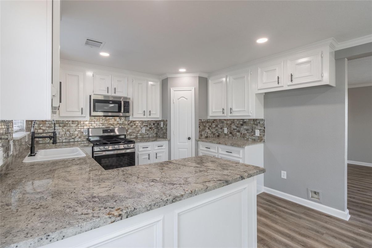 Interior, Kitchen, Recessed Lighting, Stainless Steel Appliances, Wood Texture Flooring