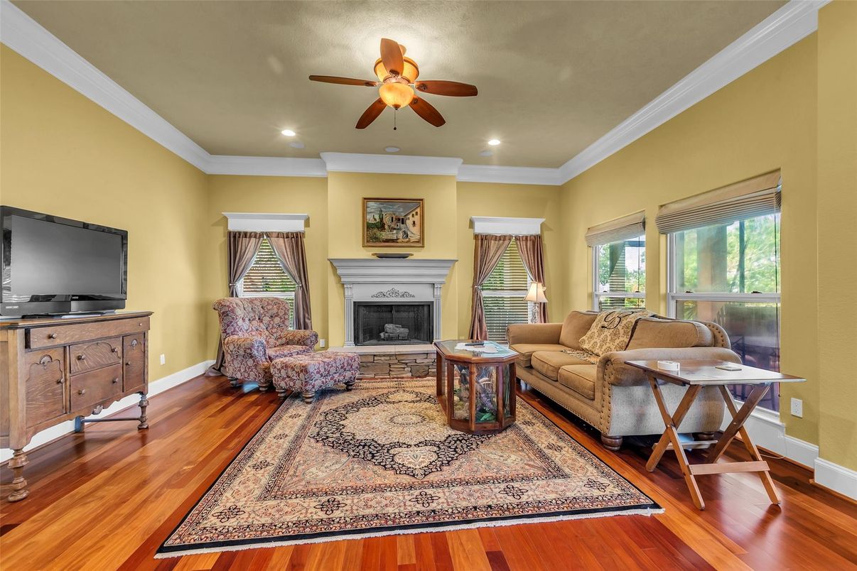Fireplace, Interior, Living room, Recessed Lighting, Wood Texture Flooring