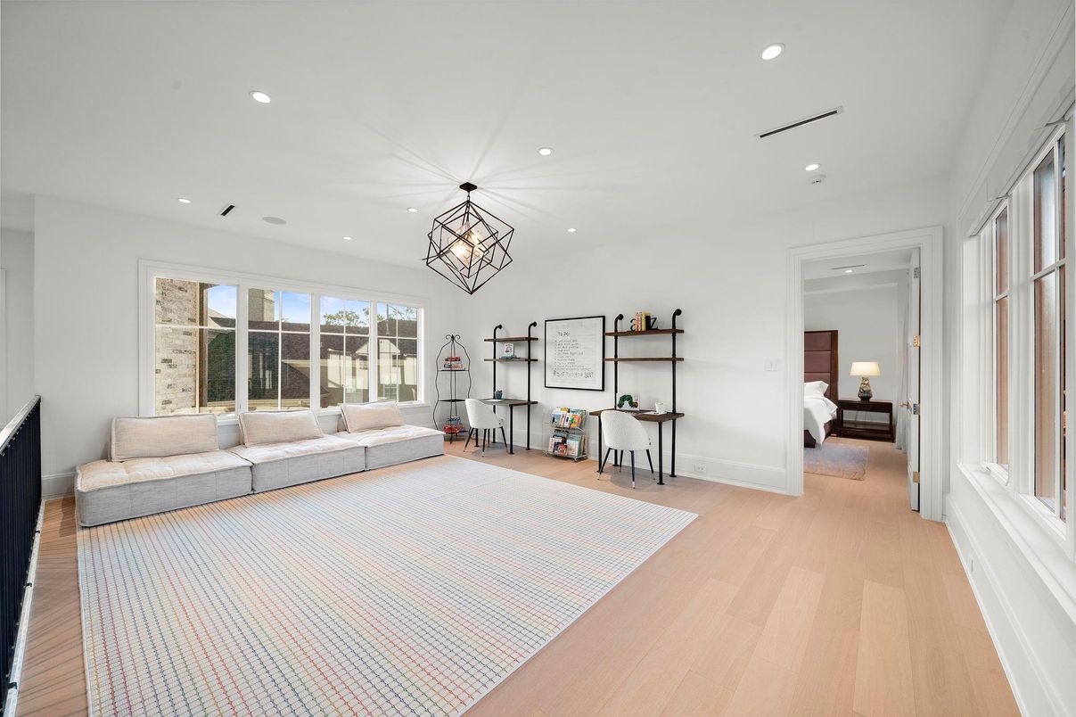 Bedroom, Chandelier, Interior, Recessed Lighting, Wood Texture Flooring
