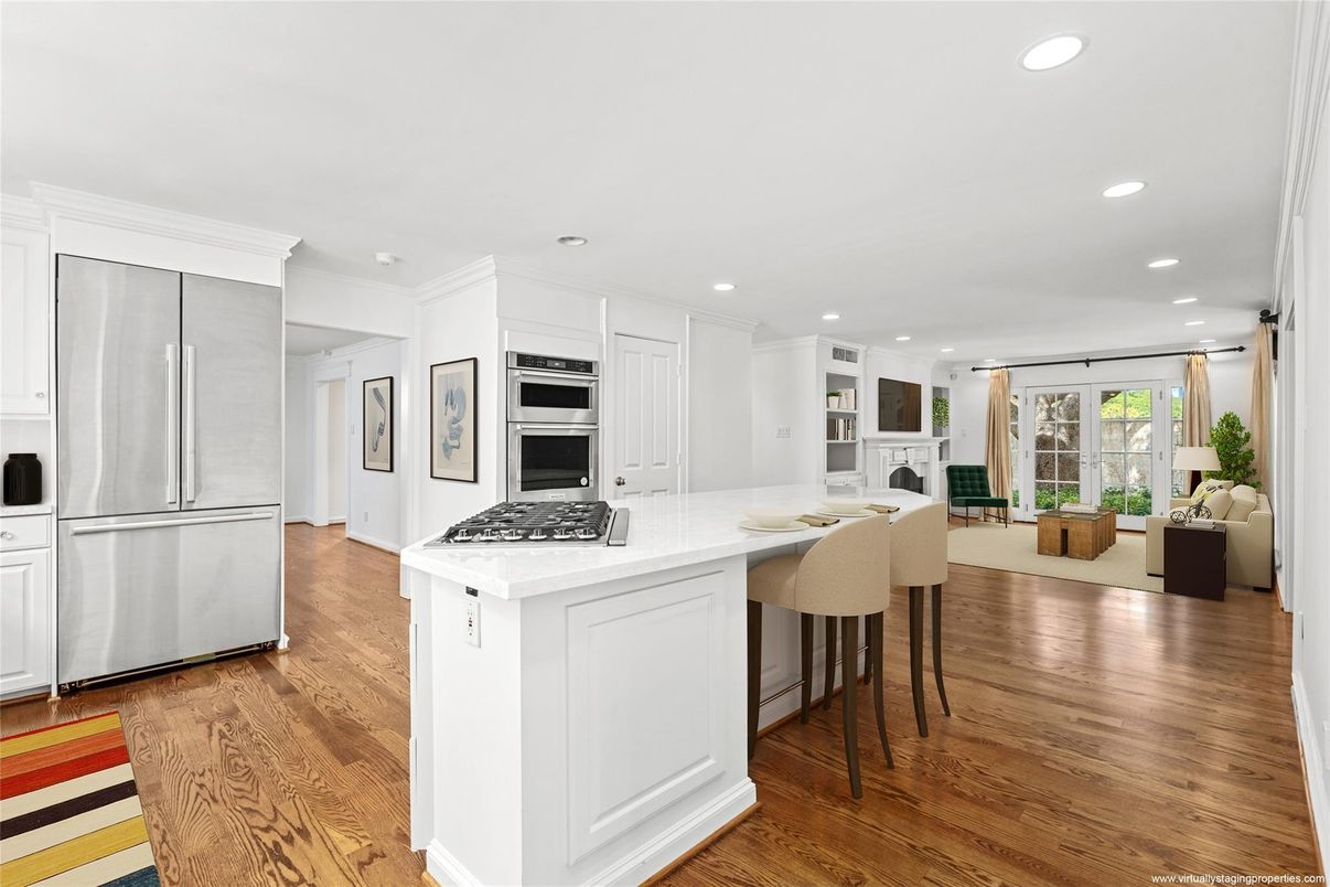 Interior, Kitchen, Living room, Recessed Lighting, Stainless Steel Appliances, Wood Texture Flooring