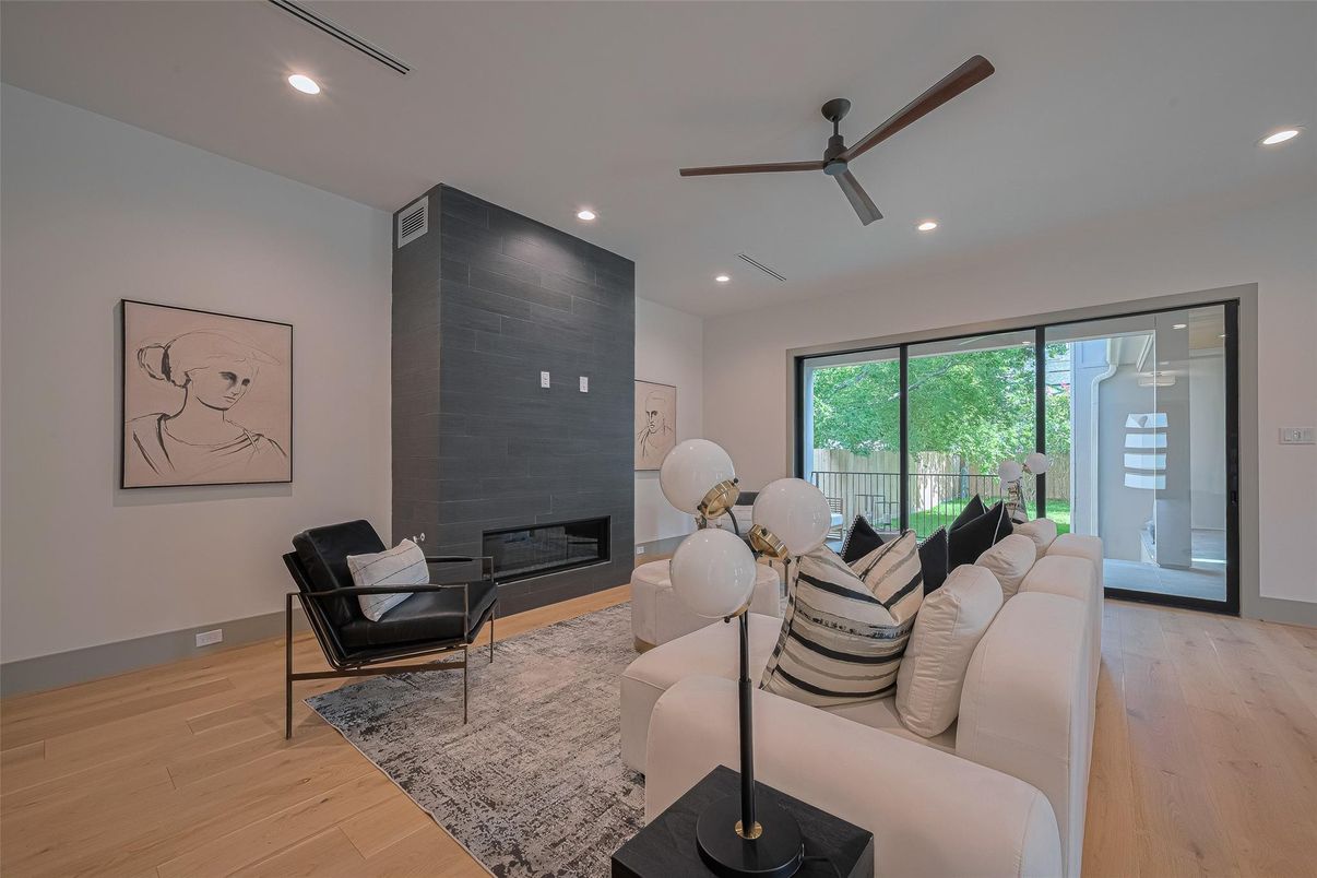 Fireplace, Interior, Living room, Recessed Lighting, Wood Texture Flooring