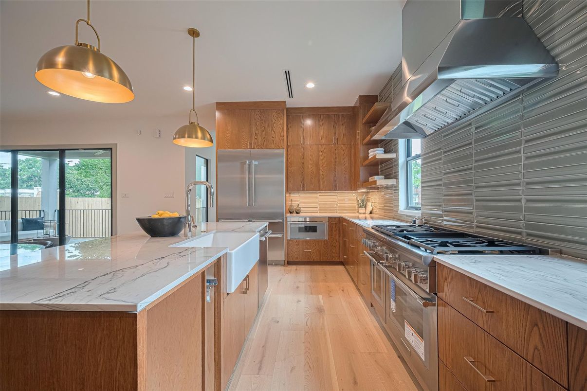 Interior, Kitchen, Pendant Lights, Recessed Lighting, Stainless Steel Appliances, Wood Texture Flooring