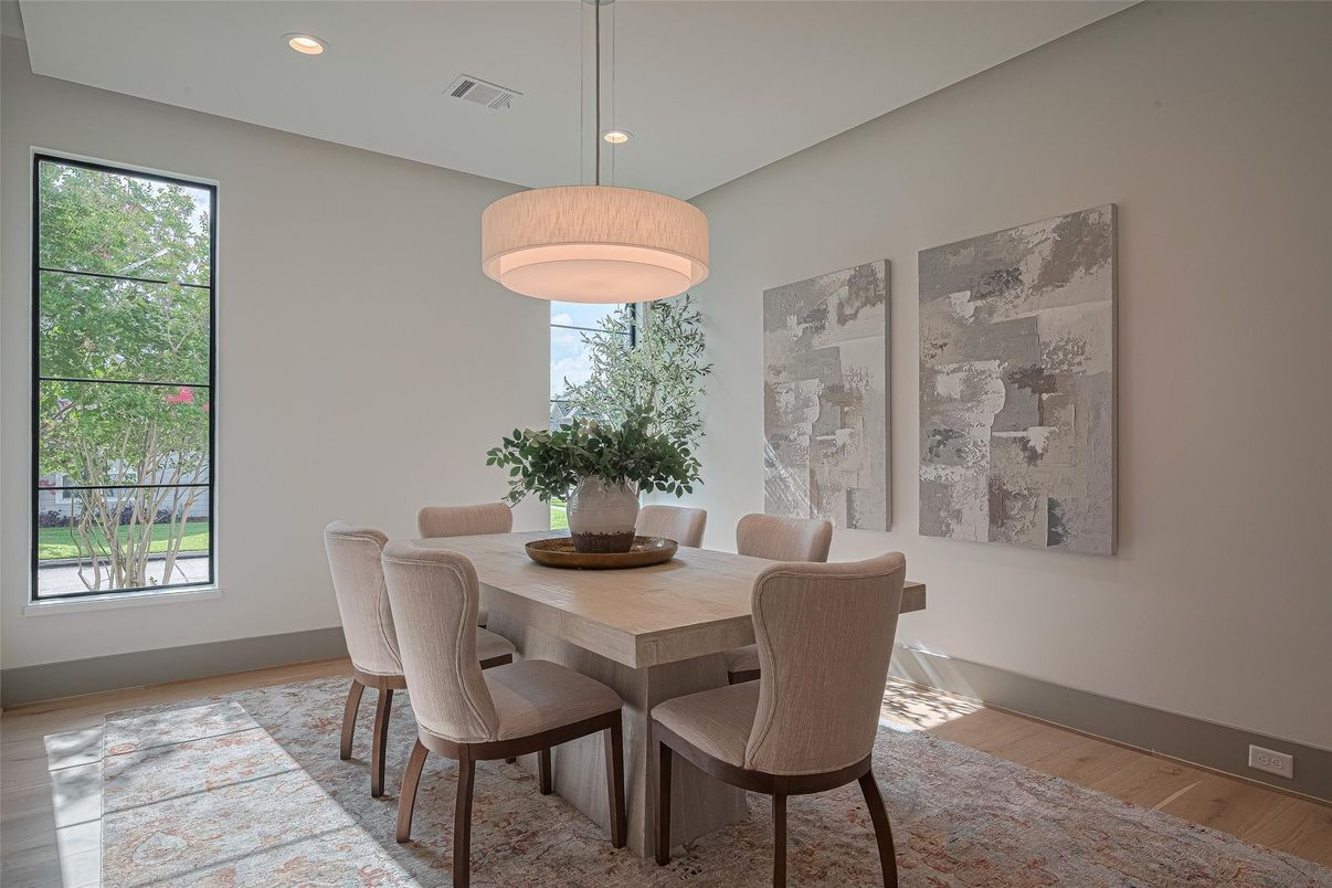 Dining room, Interior, Pendant Lights, Recessed Lighting, Wood Texture Flooring