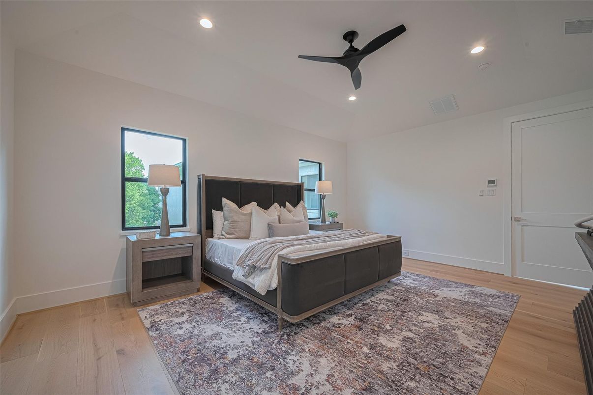 Bedroom, Interior, Recessed Lighting, Wood Texture Flooring