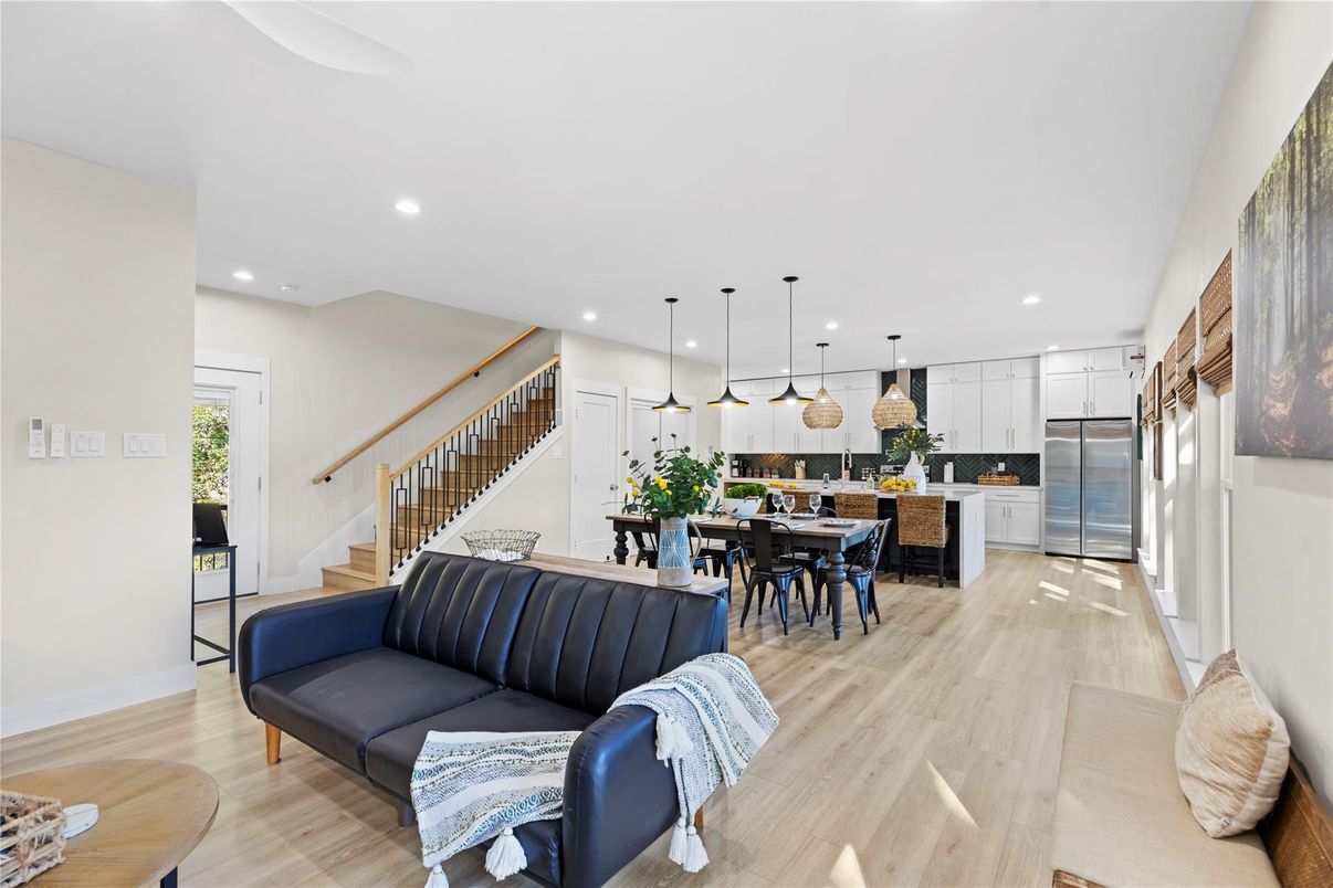 Dining room, Interior, Kitchen, Living room, Pendant Lights, Recessed Lighting, Stainless Steel Appliances, Wood Texture Flooring