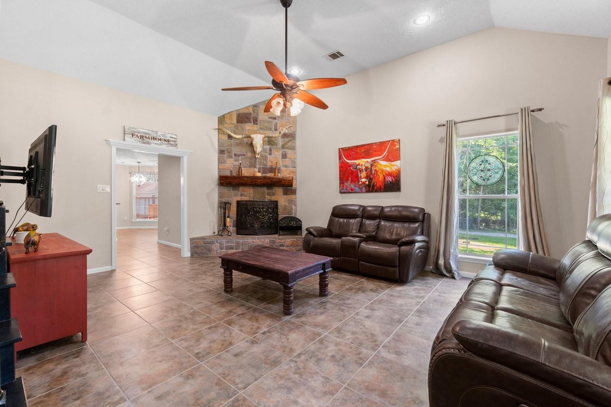 Fireplace, Interior, Living room, Recessed Lighting, Stone Walls