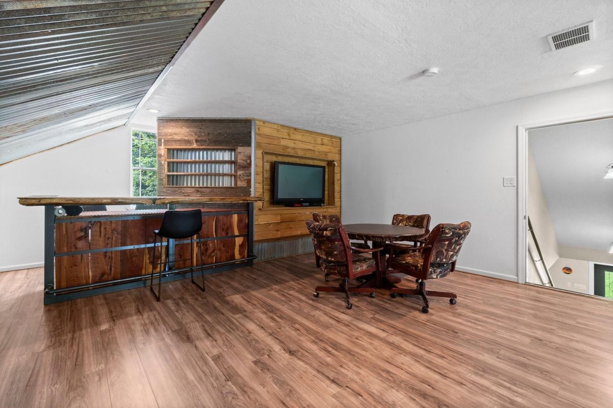 Dining room, Interior, Recessed Lighting, Wood Texture Flooring, Wooden Walls