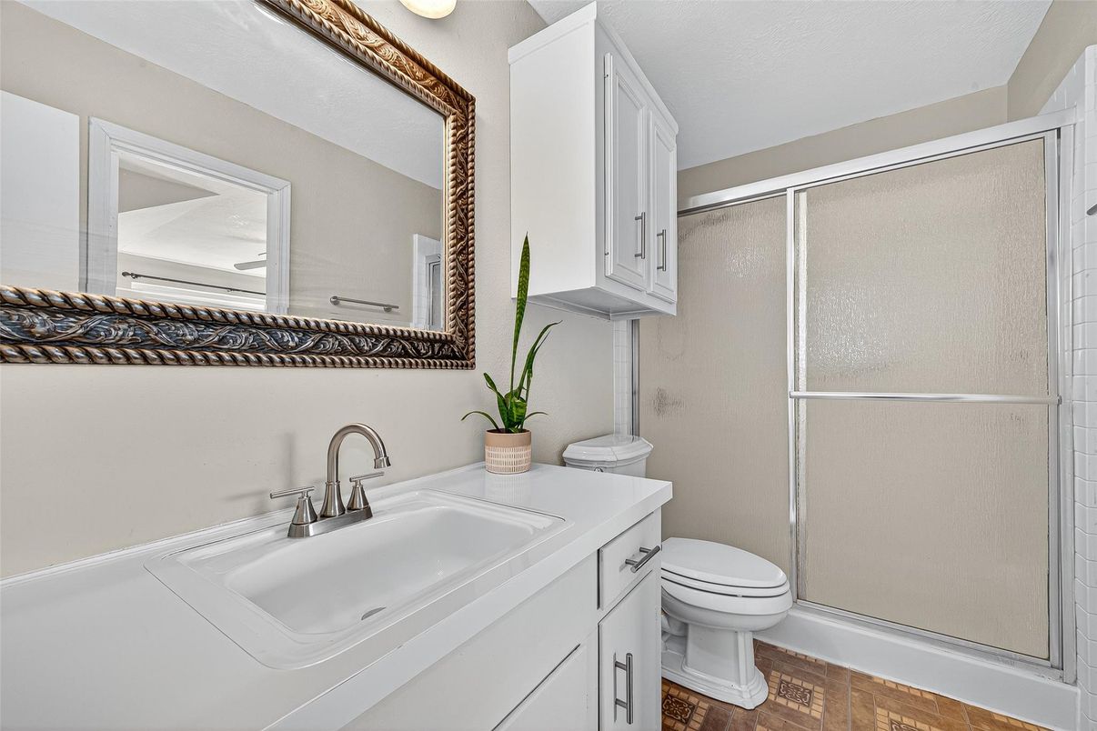 Bathroom, Glass Shower, Interior, Wood Texture Flooring