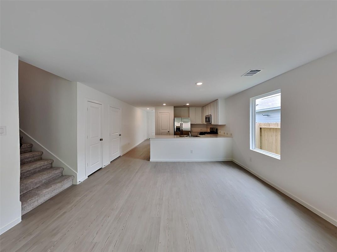 Empty room, Interior, Kitchen, Recessed Lighting, Wood Texture Flooring