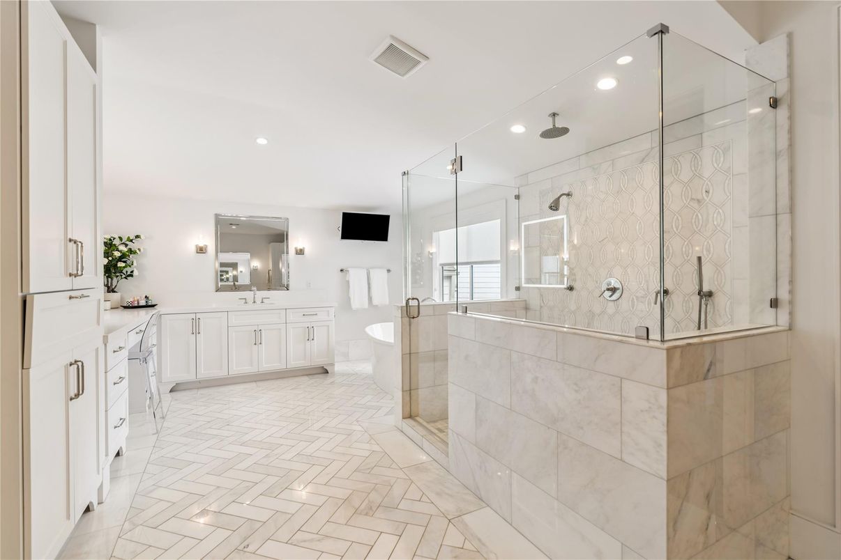 Bathroom, Dual Sink Vanities, Glass Shower, Interior, Recessed Lighting