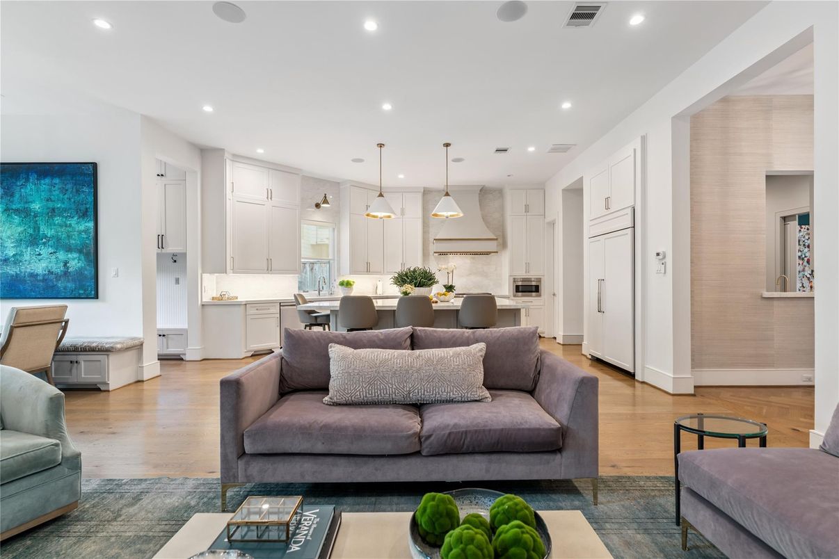 Dining room, Interior, Kitchen, Living room, Pendant Lights, Recessed Lighting, Wood Texture Flooring