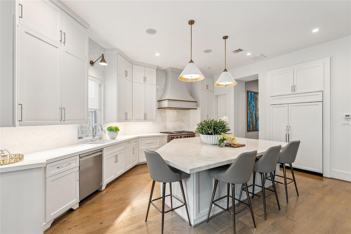 Interior, Kitchen, Pendant Lights, Recessed Lighting, Stainless Steel Appliances, Wood Texture Flooring