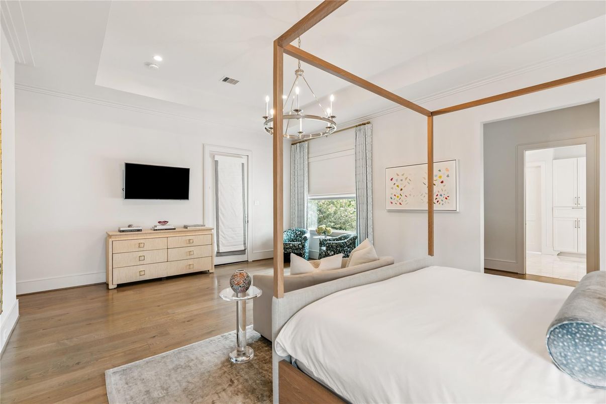 Bedroom, Interior, Pendant Lights, Recessed Lighting, Wood Texture Flooring