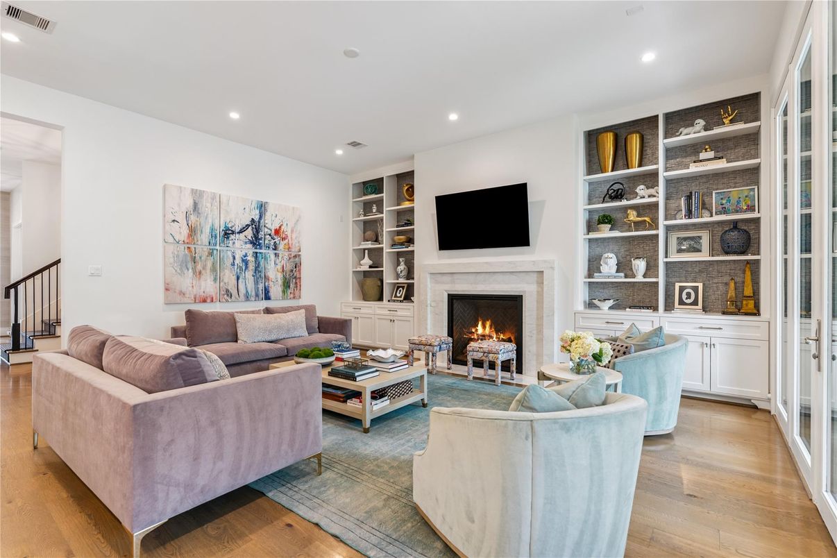 Fireplace, Interior, Living room, Recessed Lighting, Wood Texture Flooring