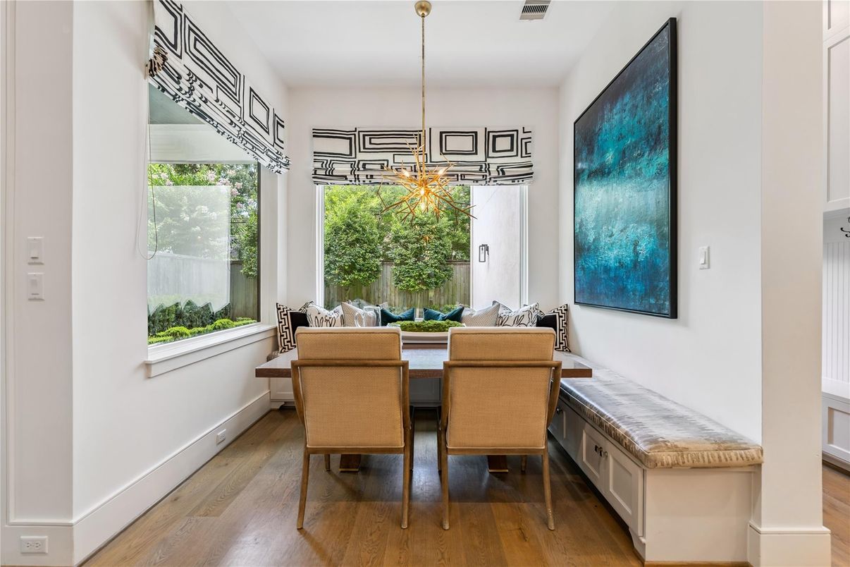 Dining room, Interior, Pendant Lights, Wood Texture Flooring