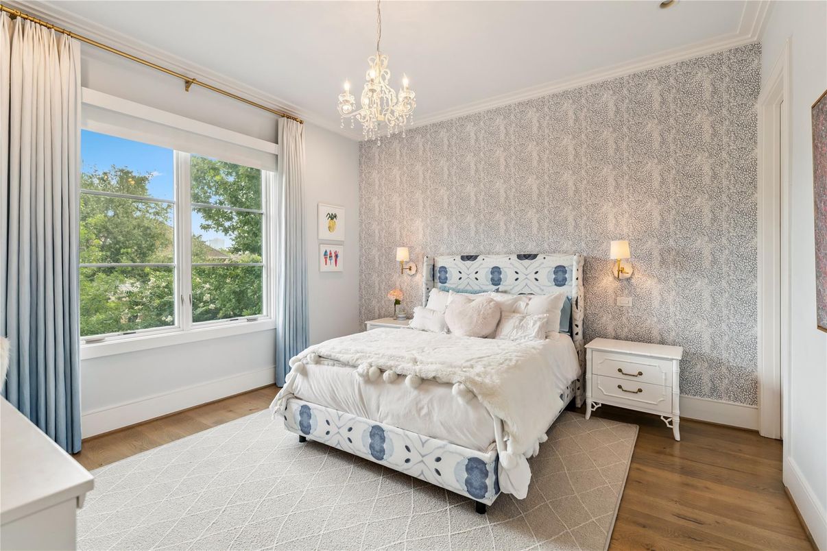 Bedroom, Chandelier, Interior, Wood Texture Flooring