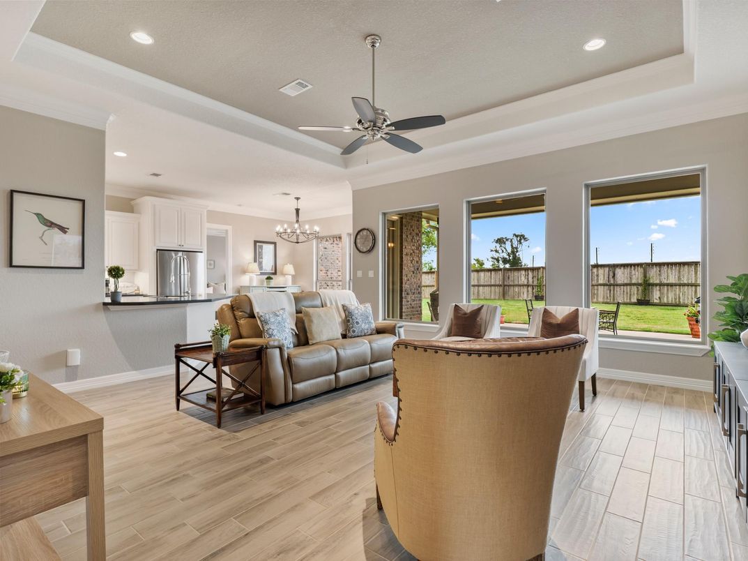 Chandelier, Interior, Kitchen, Living room, Recessed Lighting, Stainless Steel Appliances, Wood Texture Flooring