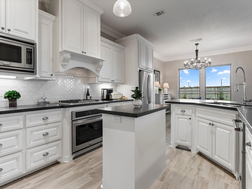 Chandelier, Interior, Kitchen, Pendant Lights, Stainless Steel Appliances, Wood Texture Flooring