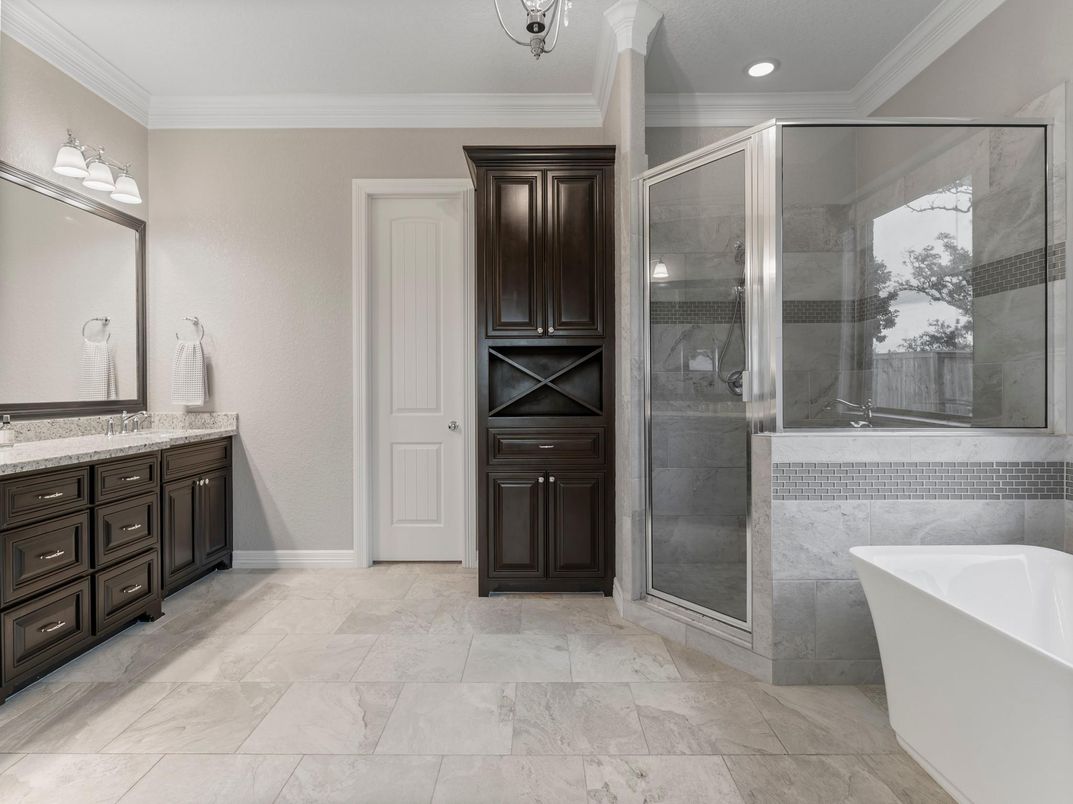 Bathroom, Free Standing Baths, Glass Shower, Interior, Recessed Lighting