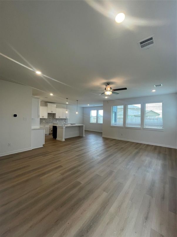 Empty room, Interior, Kitchen, Recessed Lighting, Wood Texture Flooring