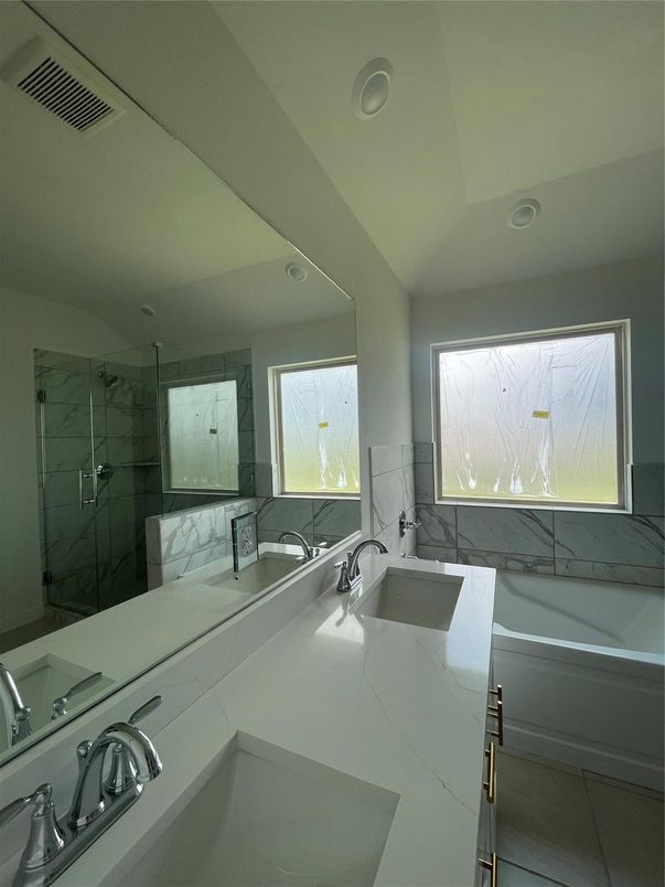 Bathroom, Dual Sink Vanities, Interior, Marble Walls, Recessed Lighting
