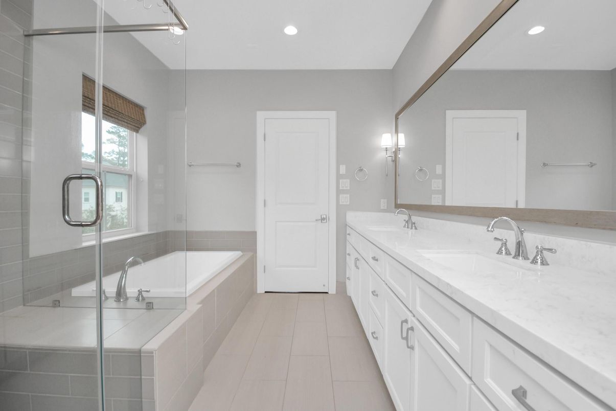 Bathroom, Dual Sink Vanities, Glass Shower, Interior, Recessed Lighting