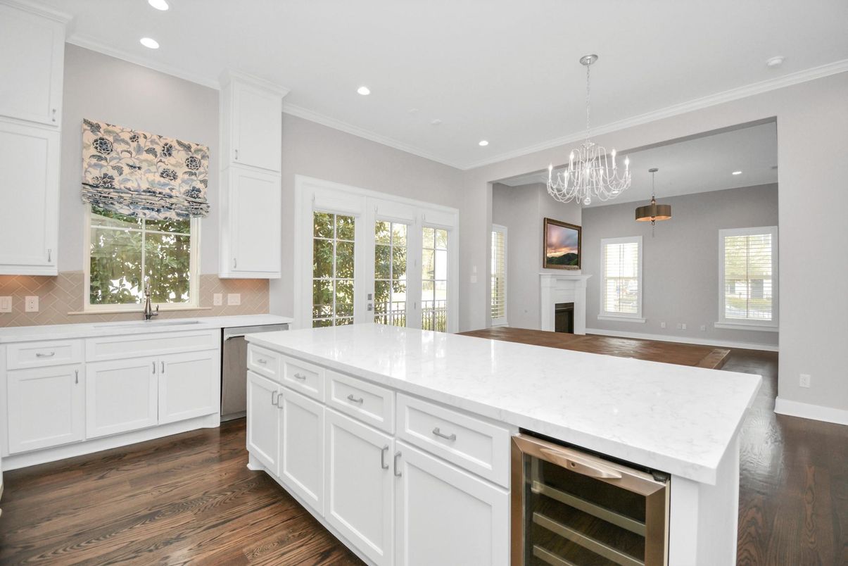 Chandelier, Fireplace, Interior, Kitchen, Pendant Lights, Recessed Lighting, Wood Texture Flooring