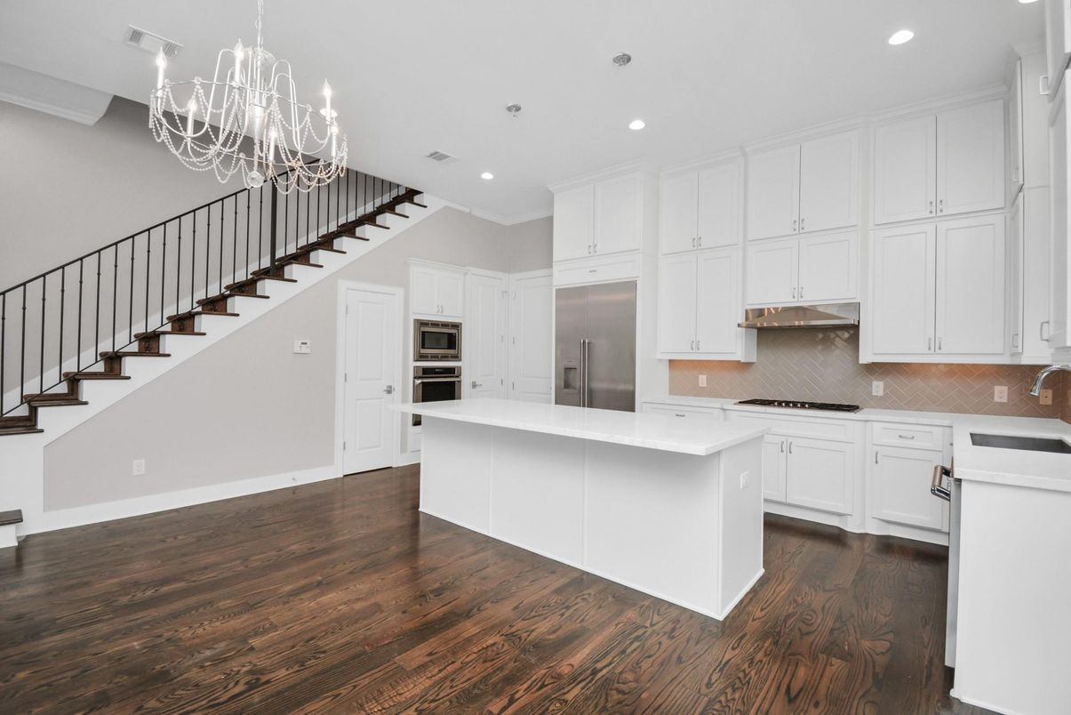 Chandelier, Interior, Kitchen, Recessed Lighting, Stainless Steel Appliances, Wood Texture Flooring
