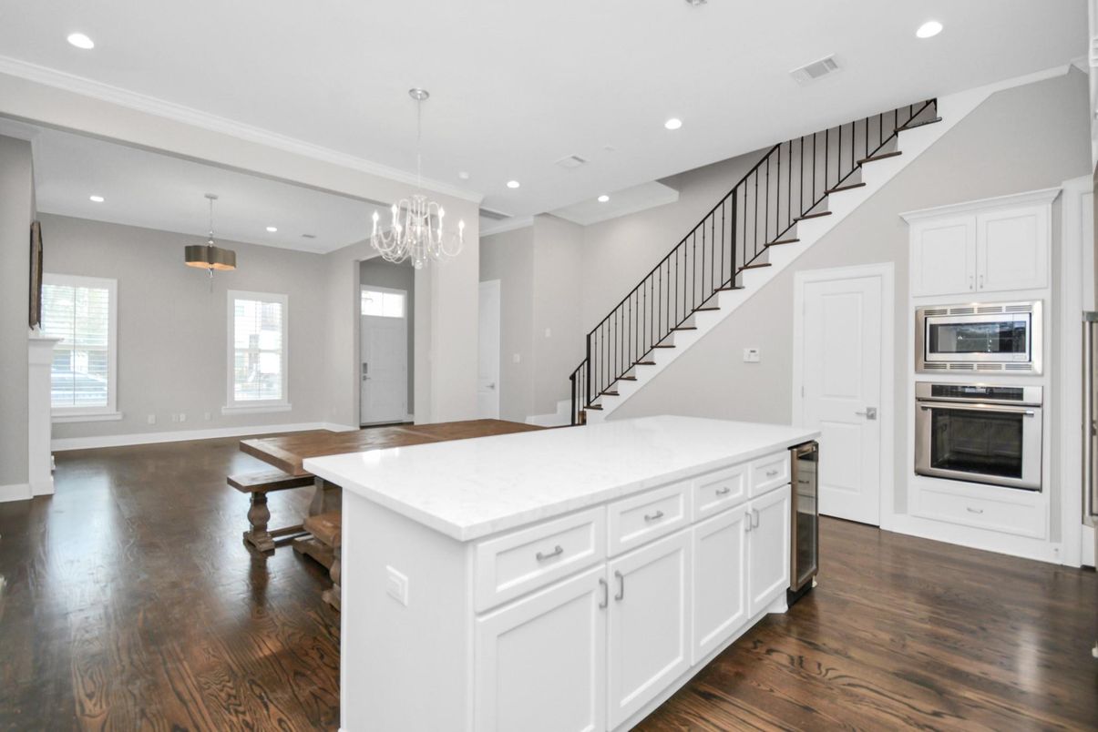 Chandelier, Interior, Kitchen, Pendant Lights, Recessed Lighting, Stainless Steel Appliances, Wood Texture Flooring