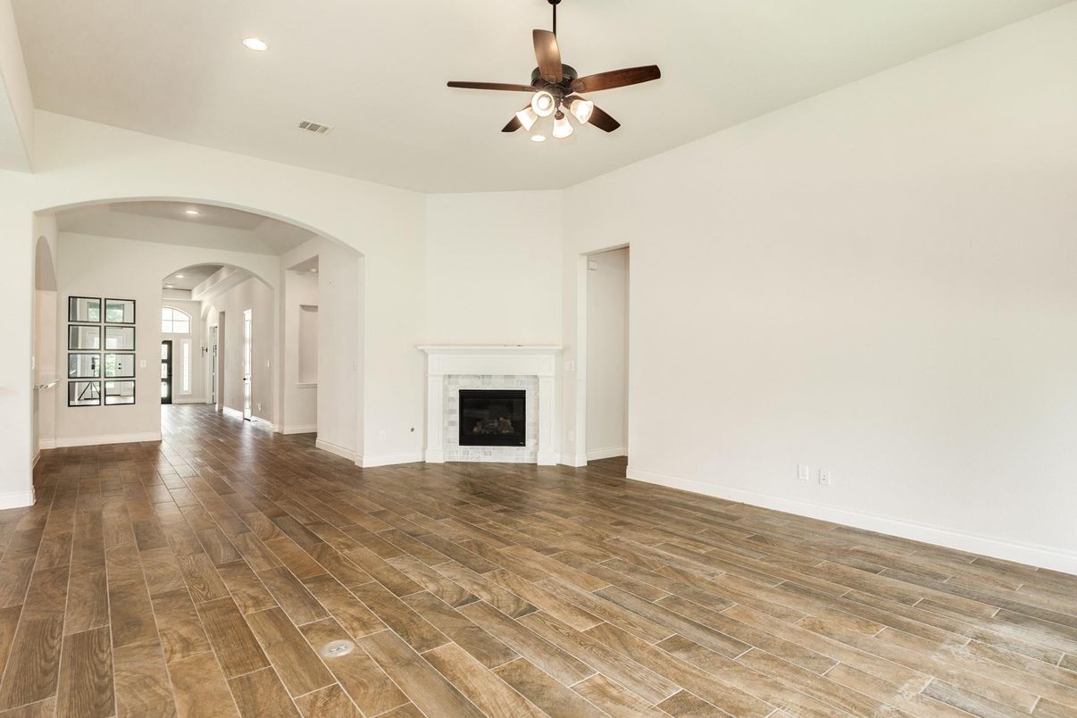 Empty room, Fireplace, Interior, Recessed Lighting, Wood Texture Flooring