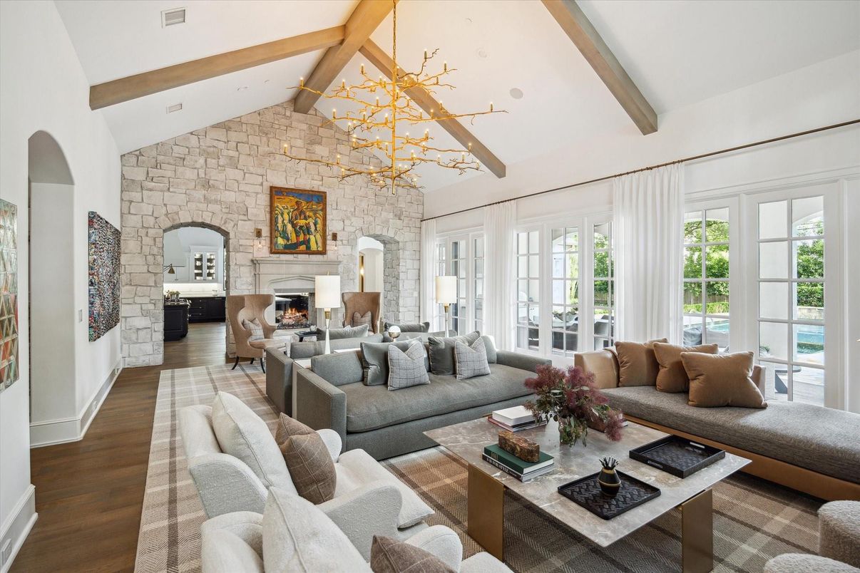 Fireplace, Interior, Living room, Stone Walls, Wooden Beams, Wood Texture Flooring