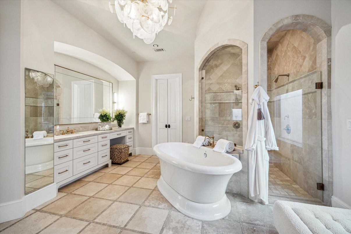 Bathroom, Chandelier, Dual Sink Vanities, Free Standing Baths, Glass Shower, Interior