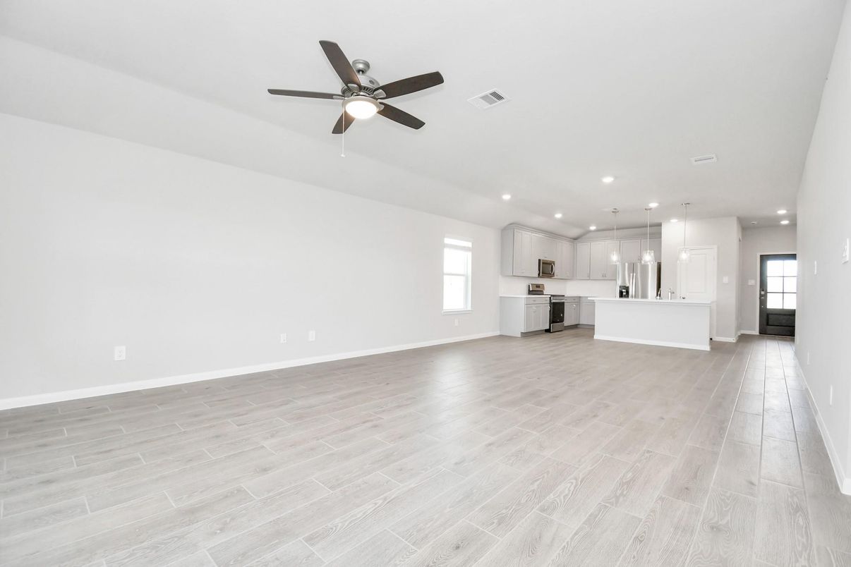 Empty room, Interior, Kitchen, Pendant Lights, Recessed Lighting, Wood Texture Flooring