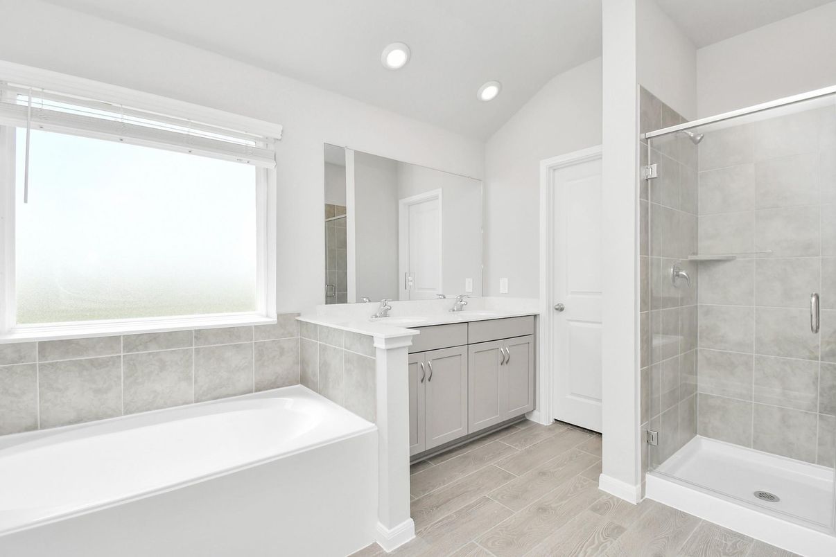 Bathroom, Glass Shower, Interior, Recessed Lighting, Wood Texture Flooring