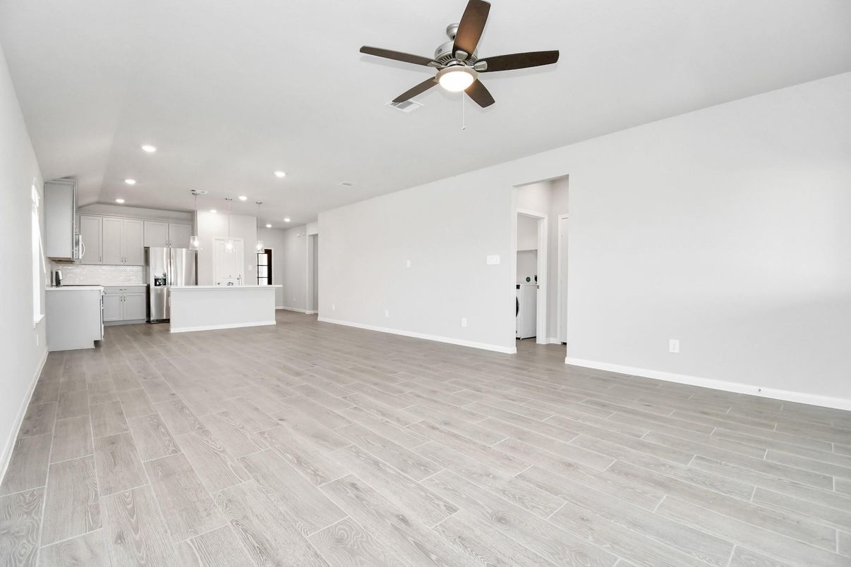 Empty room, Interior, Kitchen, Pendant Lights, Recessed Lighting, Wood Texture Flooring