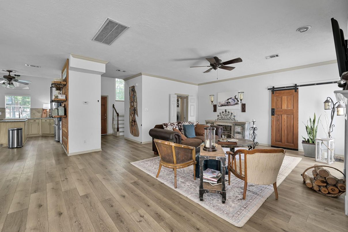 Fireplace, Interior, Living room, Recessed Lighting, Wood Texture Flooring