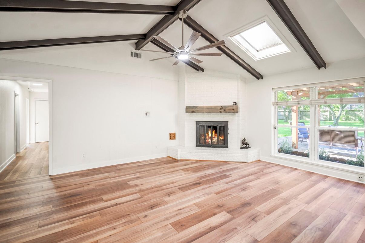 Empty room, Fireplace, Interior, Wooden Beams, Wood Texture Flooring